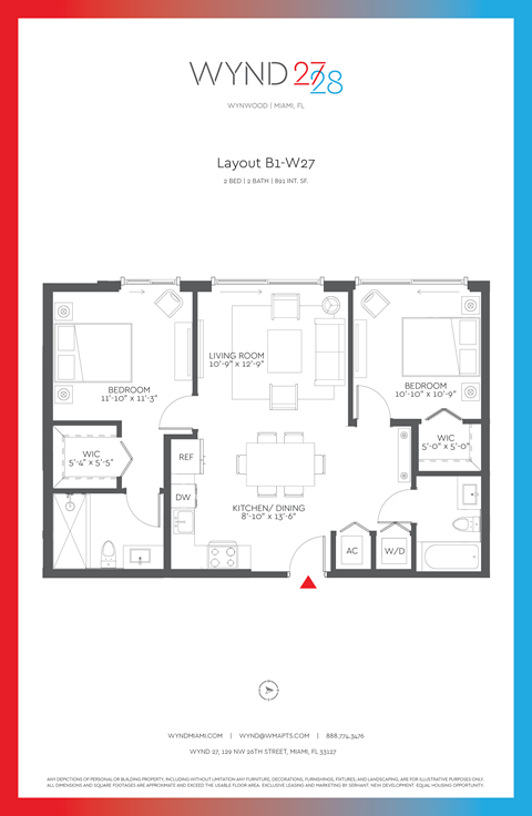 Floor plan for 2 beds, 2 baths, 891 sqft